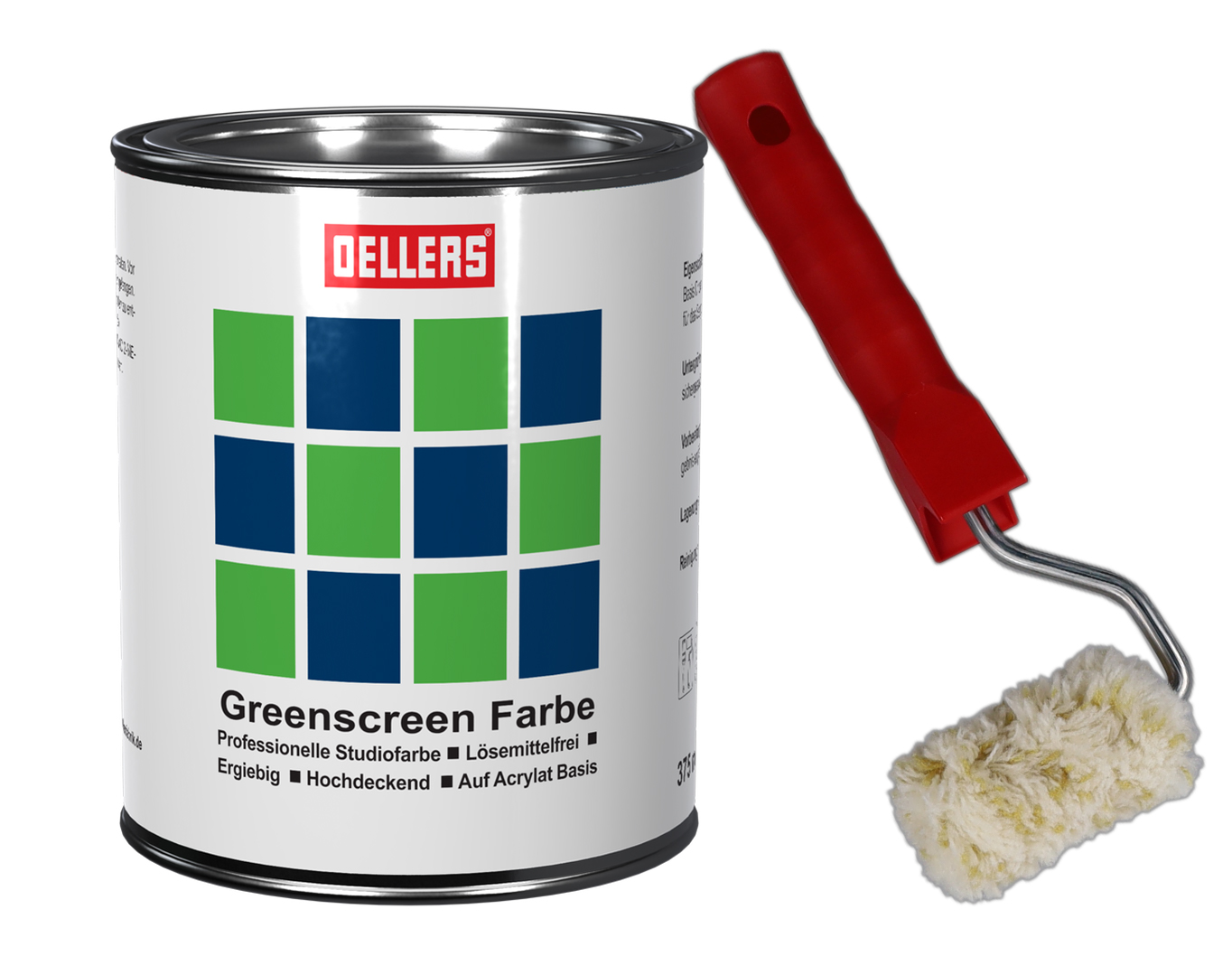 350 ml Greenscreenfarbe mit Perlonrolle 350 ml Dose Greenscreenfarbe mit einer kleinen Perlon-Rolle und einen kleinen roten Bügel