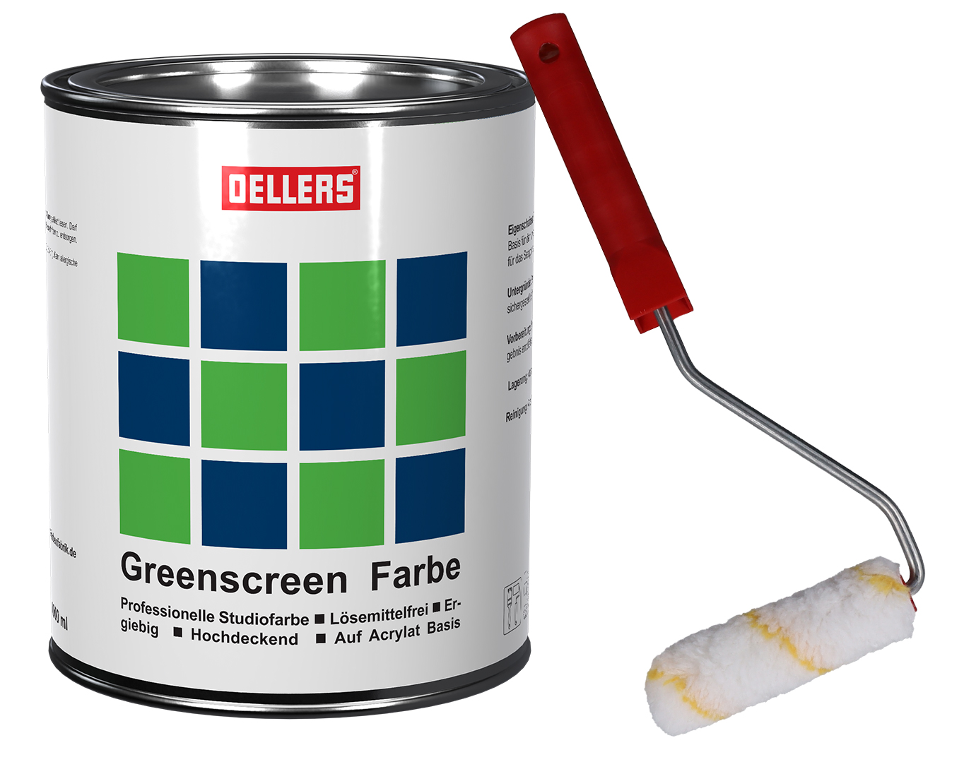 1 l Greenscreenfarbe mit Perlonrolle 1 Liter Dose Greenscreenfarbe mit einer kleinen Perlon-Rolle und einen mittleren roten Bügel